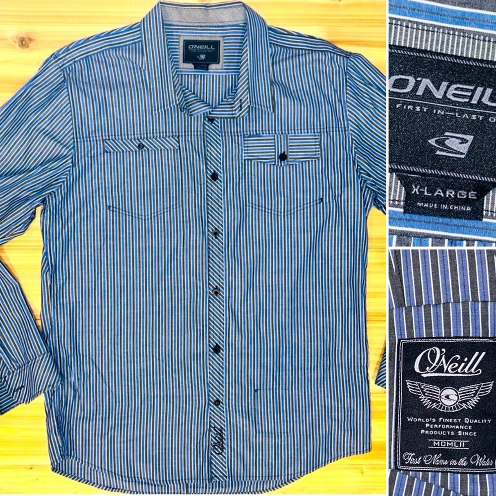 O'Neill Shirt Men's Size XLarge Blue Gray Striped Collared Long Sleeve Button Up